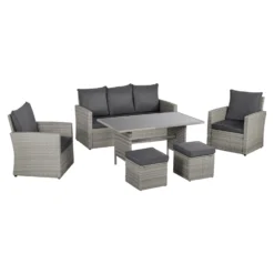 Outsunny Rattan Sofa Set With Footstools - Grey