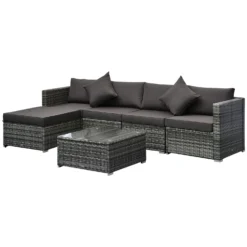 Outsunny 6 Pieces Outdoor Rattan Corner Sofa Set, Patio Aluminum Frame With All-weather Wicker Conversation Furniture W/ Coffee Table & Cushions, Mixed Grey
