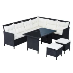 Outsunny Rattan Corner Sofa Set With Table And Footstools - Black