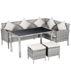 Outsunny Rattan Sofa Set With Coffee Table & Footstools - Grey
