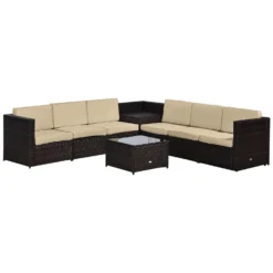 Outsunny Rattan Corner Sofa Set With Table - Brown