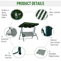 Outsunny 3 Seater Canopy Swing Chair Outdoor Garden Bench With Adjustable Canopy And Metal Frame - Green Stripes -Günstiges Grün Ecke Geschäft 1624030167 42173500