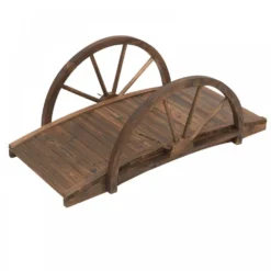 Outsunny Wooden Garden Bridge Lawn Décor Stained Finish Arc Outdoor Pond WalkwayYard Decoration Half Wheeled Railings 100L X 50W X 37Hcm