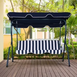 Outsunny 3 Seater Canopy Swing Chair Outdoor Garden Bench With Adjustable Canopy And Metal Frame - Blue Stripes -Günstiges Grün Ecke Geschäft 1624269260 69349600