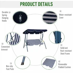 Outsunny 3 Seater Canopy Swing Chair Outdoor Garden Bench With Adjustable Canopy And Metal Frame - Blue Stripes -Günstiges Grün Ecke Geschäft 1624269266 93422400