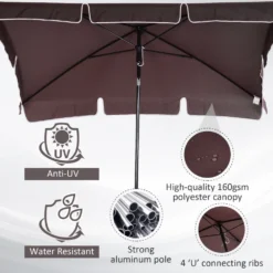 Outsunny Garden Parasol Umbrella, Outdoor Market Table Umbrella With Ruffles & Aluminium Pole, Rectangular Tilting Parasol Sun Shade Canopy, 2 X 1.3m, Brown -Günstiges Grün Ecke Geschäft 1624274834 17575800