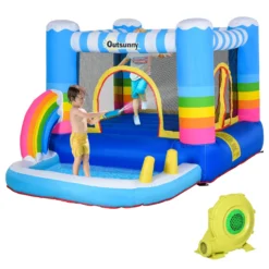 Outsunny Kids Bouncy Castle House Inflatable Trampoline Water Pool 2 In 1 With Blower For Kids Age 3-12 Rainbow Design