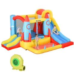 Outsunny Kids Bounce Castle House, 3 In 1 Water Slide And Pool With Inflator, Rocket Design With Carrybag
