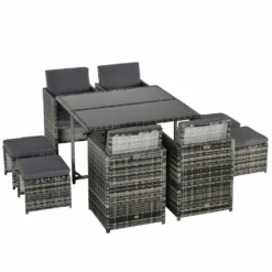 Günstiges Grün Ecke Geschäft 5 Outsunny 8-Seater Rattan Furniture Set Wicker Weave Patio Dining Table Seat - Grey