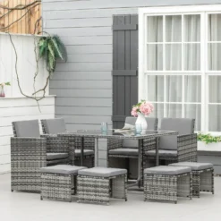 Outsunny 8-Seater Rattan Furniture Set Wicker Weave Patio Dining Table Seat - Grey -Günstiges Grün Ecke Geschäft 1645424916 94575500