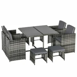 Outsunny 8-Seater Rattan Furniture Set Wicker Weave Patio Dining Table Seat - Grey -Günstiges Grün Ecke Geschäft 1645424920 49928400