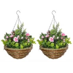 HOMCOM Pack Of 2 Artificial Lisianthus Flowers Hanging Planter With Basket For Indoor Outdoor Decoration Home Garden