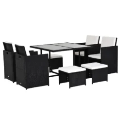 Outsunny 9 Pieces PE Rattan Cube Garden Furniture Set With Cushions, Outdoor Dining Table Set With 4 Armchair, 4 Stool, And Square Glass Top Table, Black