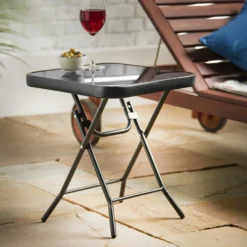 Silver & Stone Folding Glass Side Table 40 X 40 X 46cm - Black - Indoor Or Outdoor -Günstiges Grün Ecke Geschäft 3232804 IMAGE5