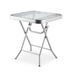 Silver & Stone Folding Side Table With Glass Top 40cm X 40cm X 46cm
