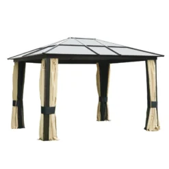 Outsunny 3 X 3.6(m) Hardtop Gazebo Canopy With Polycarbonate Roof And Aluminium Frame, Garden Pavilion With Mosquito Netting And Curtains, Brown