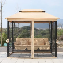 Outsunny 3 Seater Swing Chair 3-in-1 Convertible Garden Swing Seat Bed Gazebo Patio Bench Outdoor With Double Tier Canopy, Cushioned Seat, Mesh Sidewalls, Beige -Günstiges Grün Ecke Geschäft 7uP23b17dc4c2349d