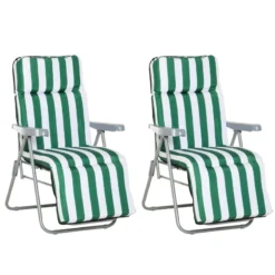 Outsunny Set Of 2 Garden Patio Outdoor Sun Recliners Loungers Folding Foldable Multi Position Relaxers Chairs With Cushions Fire Retardant Sponge (Green White)