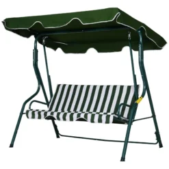Outsunny 3 Seater Canopy Swing Chair Outdoor Garden Bench With Adjustable Canopy And Metal Frame - Green Stripes