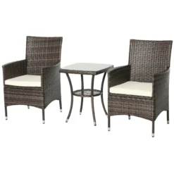 Outsunny Three-Piece Rattan Chair Set, With Cushions - Brown