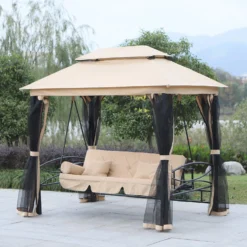 Outsunny 3 Seater Swing Chair 3-in-1 Convertible Garden Swing Seat Bed Gazebo Patio Bench Outdoor With Double Tier Canopy, Cushioned Seat, Mesh Sidewalls, Beige -Günstiges Grün Ecke Geschäft nWX0cc17dc4c2349d