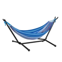 Outsunny Blue Multi- Coloured Hammock With Metal Stand And Carrying Bag.