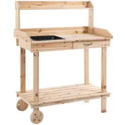 Outsunny Wooden Potting Bench Work Table With 2 Removable Wheels, Sink, Drawer & Large Storage Spaces, 92x45x119cm