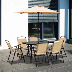 Outsunny 8 Pieces Dining Set Furniture Garden Foldable 6 Chairs 1 Table With Parasol Beige -Günstiges Grün Ecke Geschäft uQI5bc17dc2f87b27