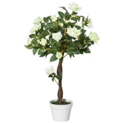 Outsunny Artificial Rose Tree And Planter For Indoor & Outdoor Use - White And Green